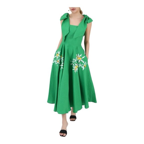 Fanm Mon Nilen Linen Midi Embroidered Dress Large Kelly Green Pockets A-Line - Picture 1 of 10